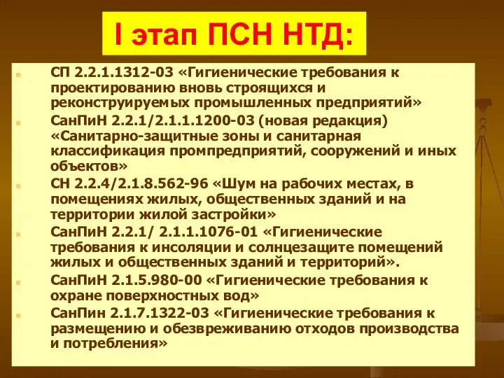 I этап ПСН НТД: СП 2.2.1.1312-03 «Гигиенические требования к проектированию вновь