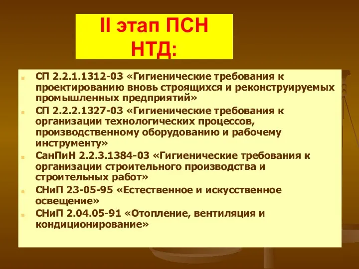 II этап ПСН НТД: СП 2.2.1.1312-03 «Гигиенические требования к проектированию вновь