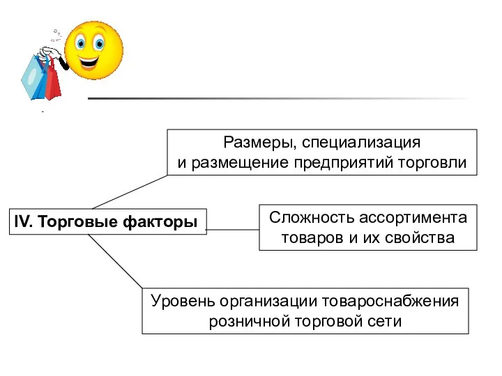 IV. Торговые факторы Размеры, специализация и размещение предприятий торговли Сложность ассортимента