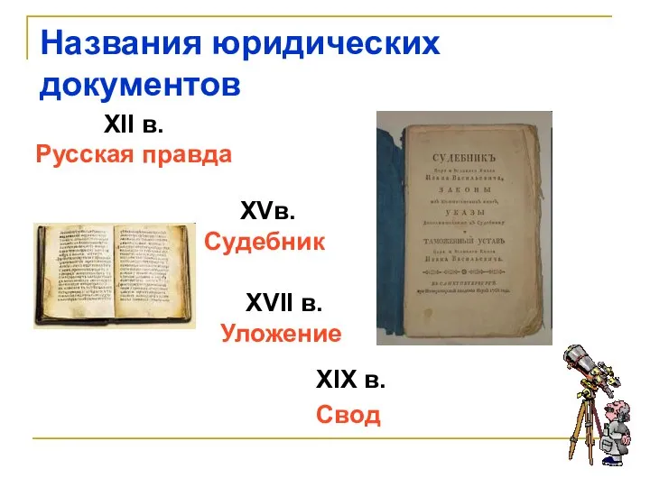 Названия юридических документов XIX в. Свод XII в. Русская правда XVв. Судебник XVII в. Уложение