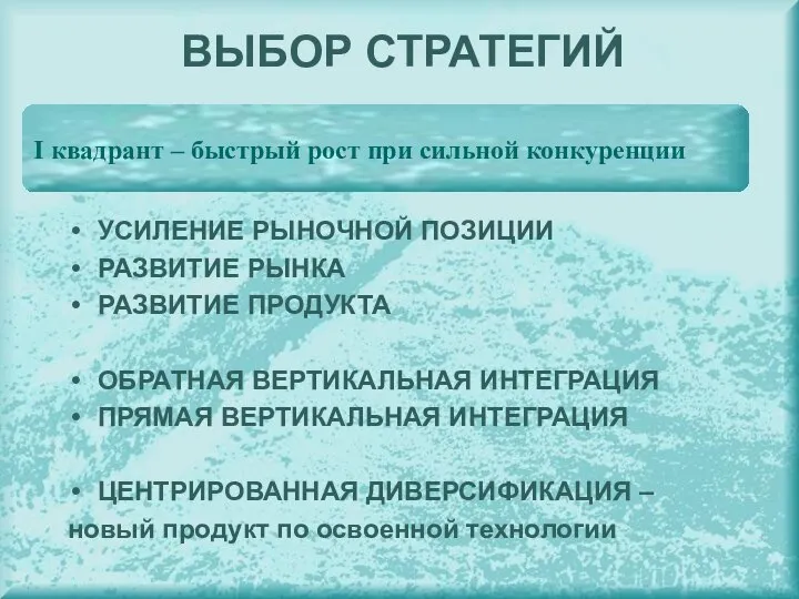 ВЫБОР СТРАТЕГИЙ I квадрант – быстрый рост при сильной конкуренции УСИЛЕНИЕ