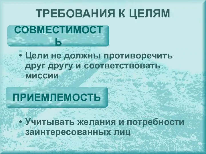 Цели не должны противоречить друг другу и соответствовать миссии Учитывать желания