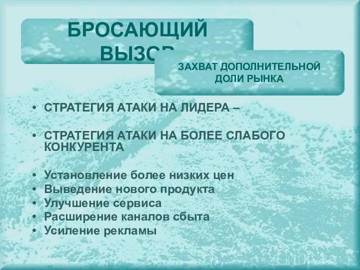 СТРАТЕГИЯ АТАКИ НА ЛИДЕРА – СТРАТЕГИЯ АТАКИ НА БОЛЕЕ СЛАБОГО КОНКУРЕНТА