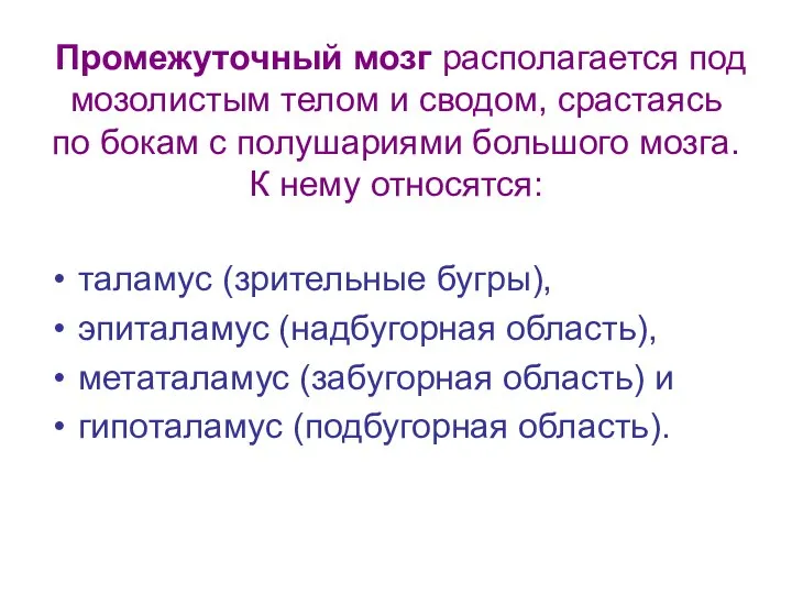 Промежуточный мозг располагается под мозолистым телом и сводом, срастаясь по бокам