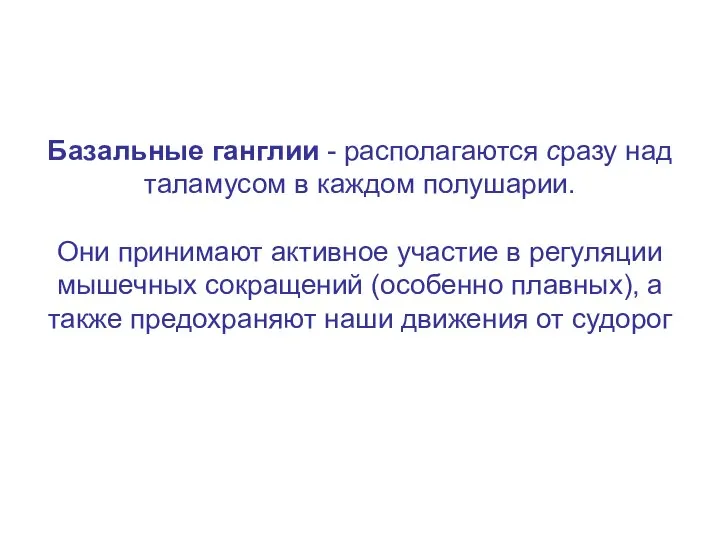 Базальные ганглии - располагаются сразу над таламусом в каждом полушарии. Они