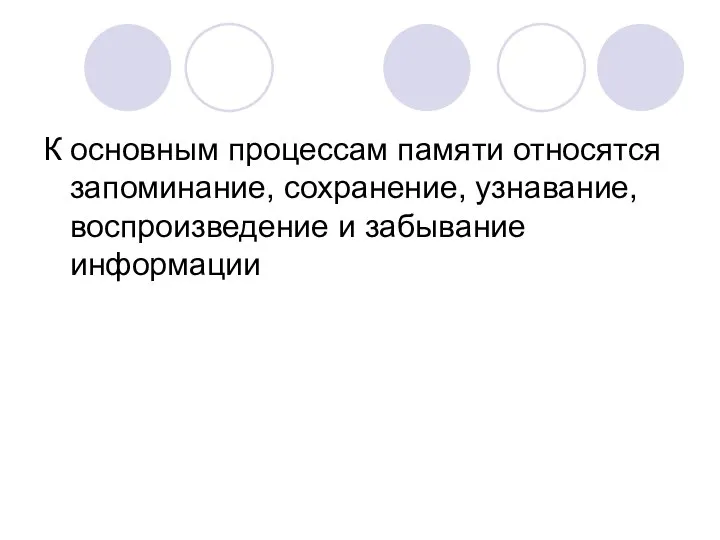 К основным процессам памяти относятся запоминание, сохранение, узнавание, воспроизведение и забывание информации