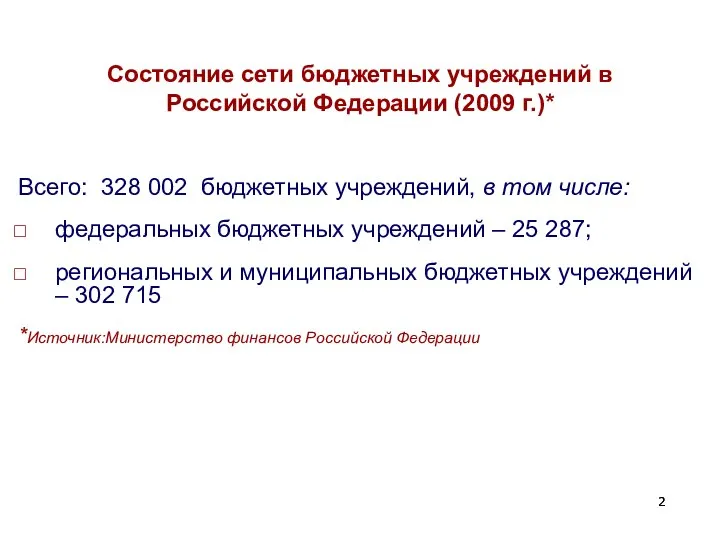 Состояние сети бюджетных учреждений в Российской Федерации (2009 г.)* Всего: 328