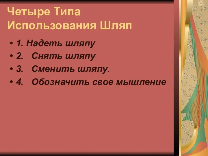 Четыре Типа Использования Шляп 1. Надеть шляпу 2. Снять шляпу 3.