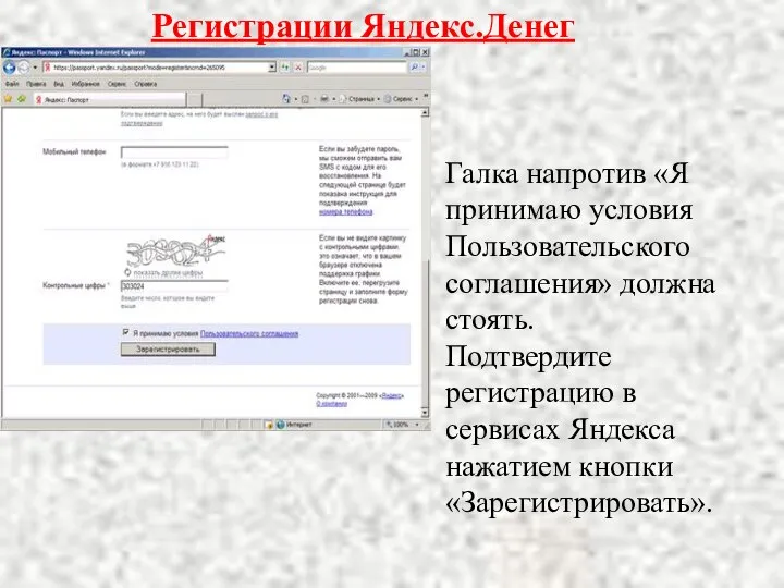 Регистрации Яндекс.Денег Галка напротив «Я принимаю условия Пользовательского соглашения» должна стоять.