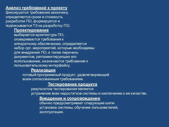 Анализ требований к проекту фиксируются требования заказчика, определяются сроки и стоимость