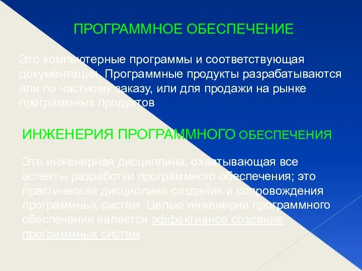 ПРОГРАММНОЕ ОБЕСПЕЧЕНИЕ ИНЖЕНЕРИЯ ПРОГРАММНОГО ОБЕСПЕЧЕНИЯ Это компьютерные программы и соответствующая документация.