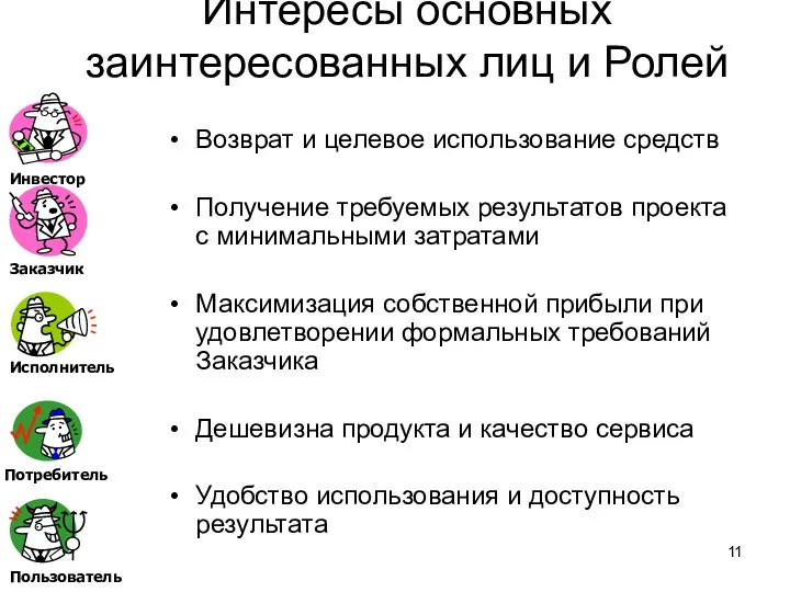 Интересы основных заинтересованных лиц и Ролей Возврат и целевое использование средств