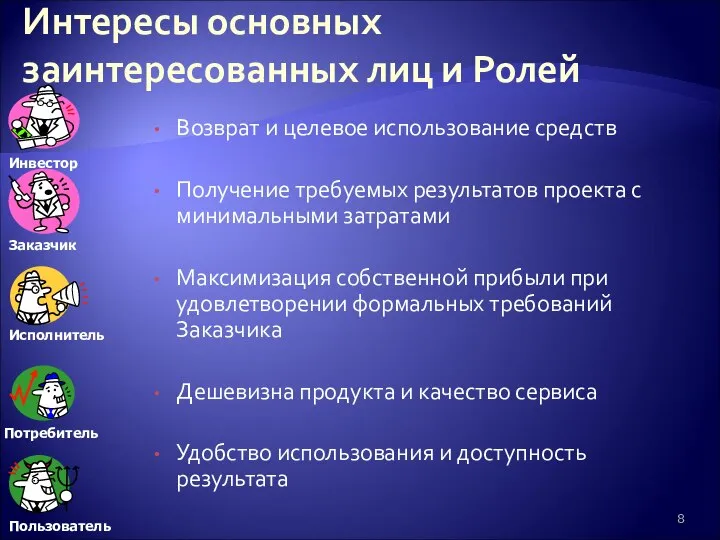 Интересы основных заинтересованных лиц и Ролей Возврат и целевое использование средств