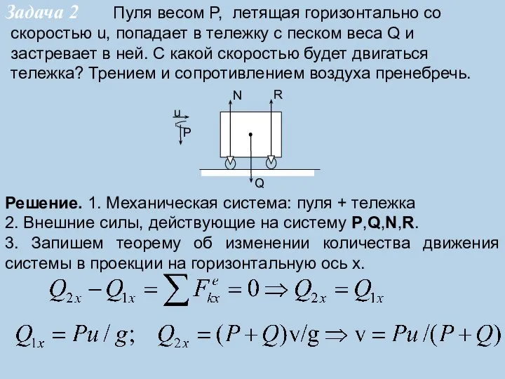 Задача 2 Пуля весом P, летящая горизонтально со скоростью u, попадает