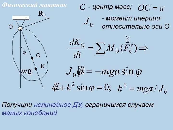 - момент инерции относительно оси O Получили нелинейное ДУ, ограничимся случаем