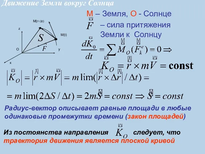 М – Земля, О - Солнце Радиус-вектор описывает равные площади в