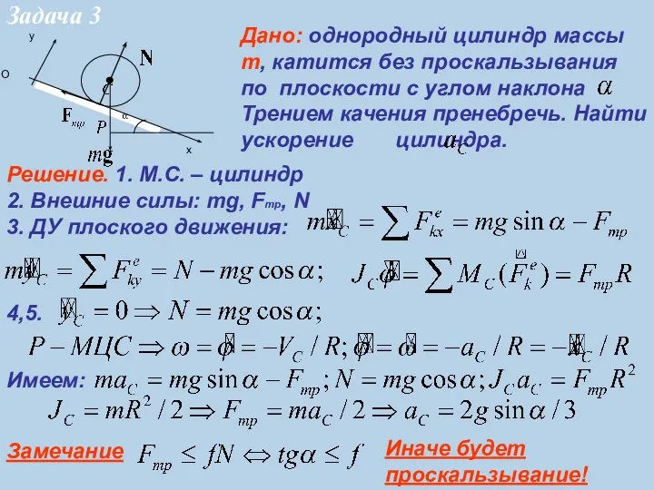 Решение. 1. М.С. – цилиндр 2. Внешние силы: mg, Fтр, N