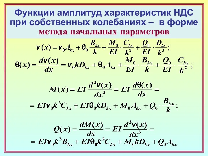 Функции амплитуд характеристик НДС при собственных колебаниях – в форме метода начальных параметров