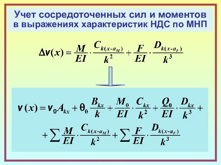 Учет сосредоточенных сил и моментов в выражениях характеристик НДС по МНП