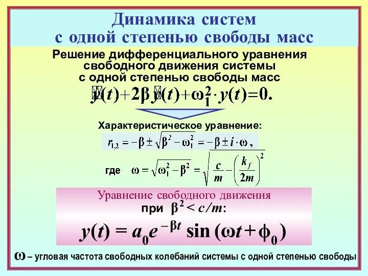 Решение дифференциального уравнения свободного движения системы с одной степенью свободы масс