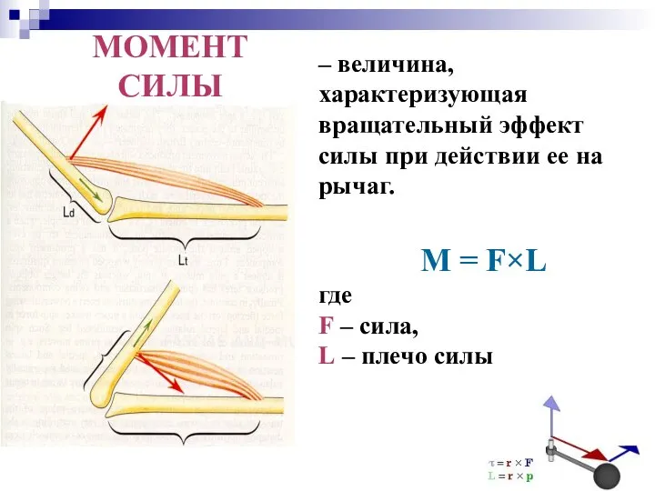 – величина, характеризующая вращательный эффект силы при действии ее на рычаг.