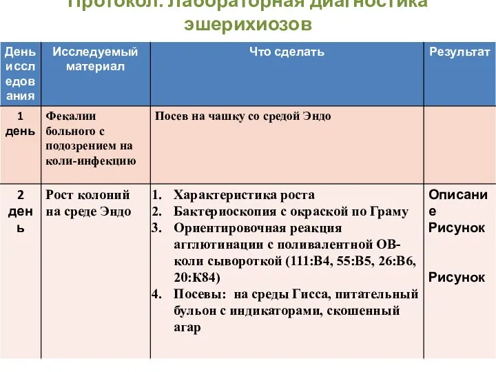 Протокол. Лабораторная диагностика эшерихиозов