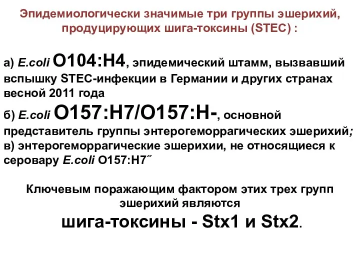 Эпидемиологически значимые три группы эшерихий, продуцирующих шига-токсины (STEC) : а) E.coli