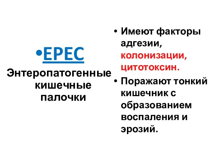 EPEC Энтеропатогенные кишечные палочки Имеют факторы адгезии, колонизации, цитотоксин. Поражают тонкий