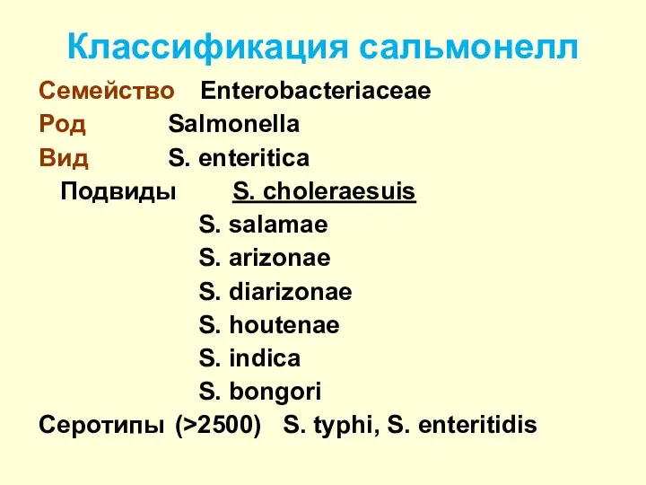 Классификация сальмонелл Семейство Enterobacteriaceae Род Salmonella Вид S. enteritica Подвиды S.