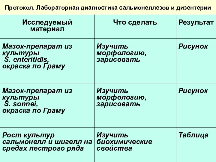 Протокол. Лабораторная диагностика сальмонеллезов и дизентерии