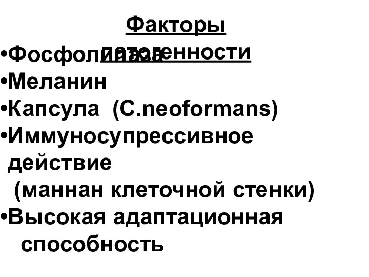 Фосфолипаза Меланин Капсула (C.neoformans) Иммуносупрессивное действие (маннан клеточной стенки) Высокая адаптационная способность Факторы патогенности