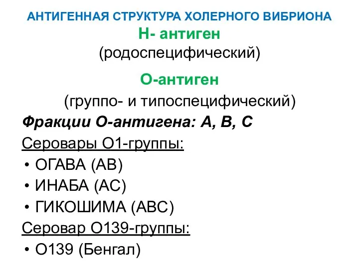 АНТИГЕННАЯ СТРУКТУРА ХОЛЕРНОГО ВИБРИОНА Н- антиген (родоспецифический) О-антиген (группо- и типоспецифический)