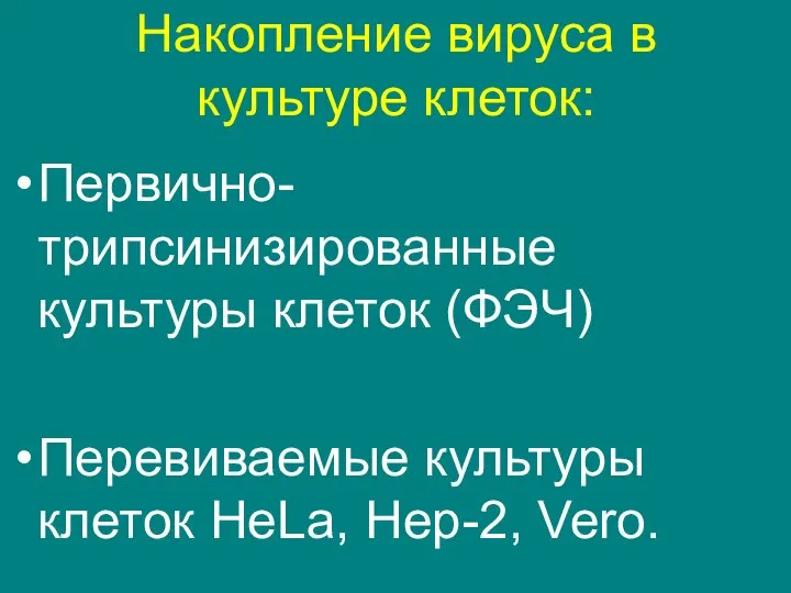 Накопление вируса в культуре клеток: Первично-трипсинизированные культуры клеток (ФЭЧ) Перевиваемые культуры клеток HeLa, Hep-2, Vero.