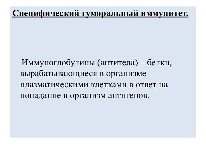 Специфический гуморальный иммунитет. Иммуноглобулины (антитела) – белки, вырабатывающиеся в организме плазматическими