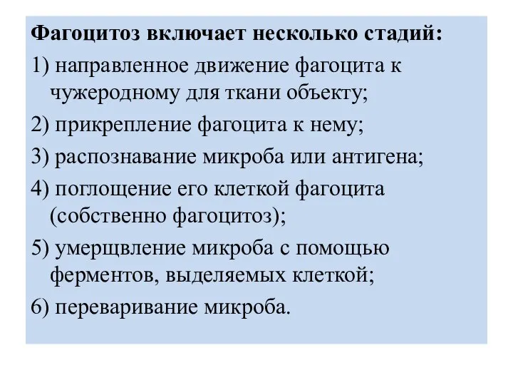 Фагоцитоз включает несколько стадий: 1) направленное движение фагоцита к чужеродному для