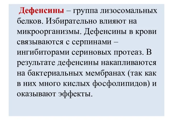 Дефенсины – группа лизосомальных белков. Избирательно влияют на микроорганизмы. Дефенсины в