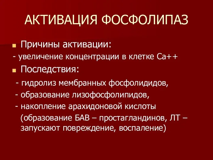 АКТИВАЦИЯ ФОСФОЛИПАЗ Причины активации: - увеличение концентрации в клетке Са++ Последствия: