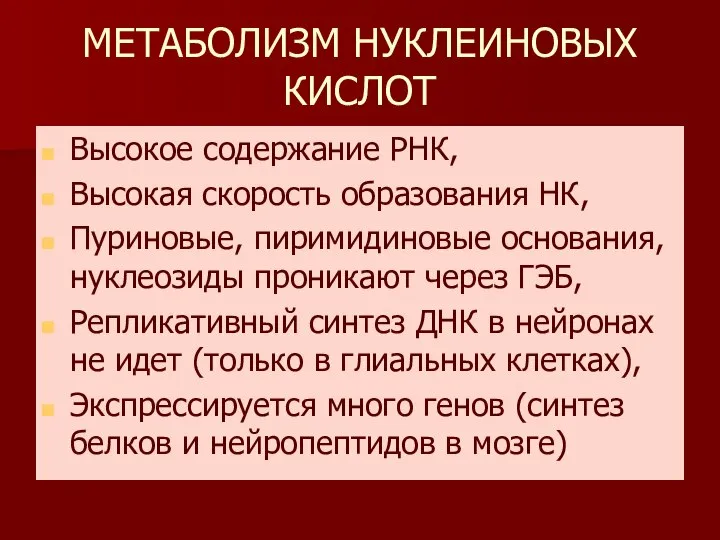 МЕТАБОЛИЗМ НУКЛЕИНОВЫХ КИСЛОТ Высокое содержание РНК, Высокая скорость образования НК, Пуриновые,