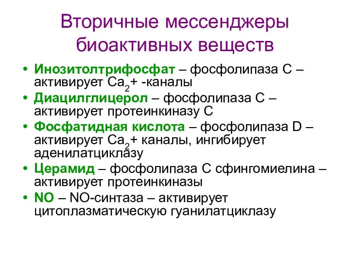 Вторичные мессенджеры биоактивных веществ Инозитолтрифосфат – фосфолипаза С – активирует Ca2+