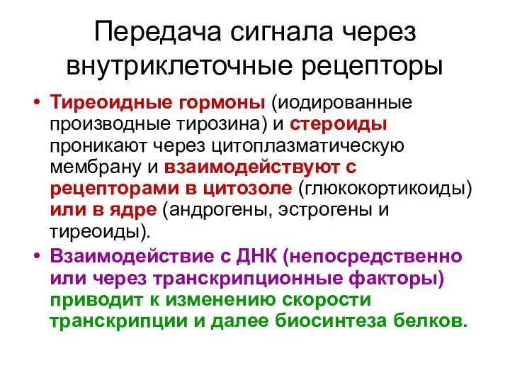 Передача сигнала через внутриклеточные рецепторы Тиреоидные гормоны (иодированные производные тирозина) и