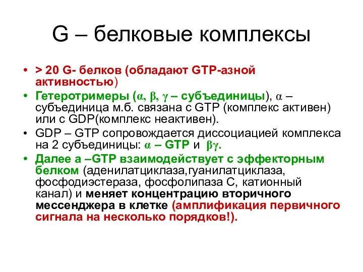 G – белковые комплексы > 20 G- белков (обладают GTP-азной активностью)