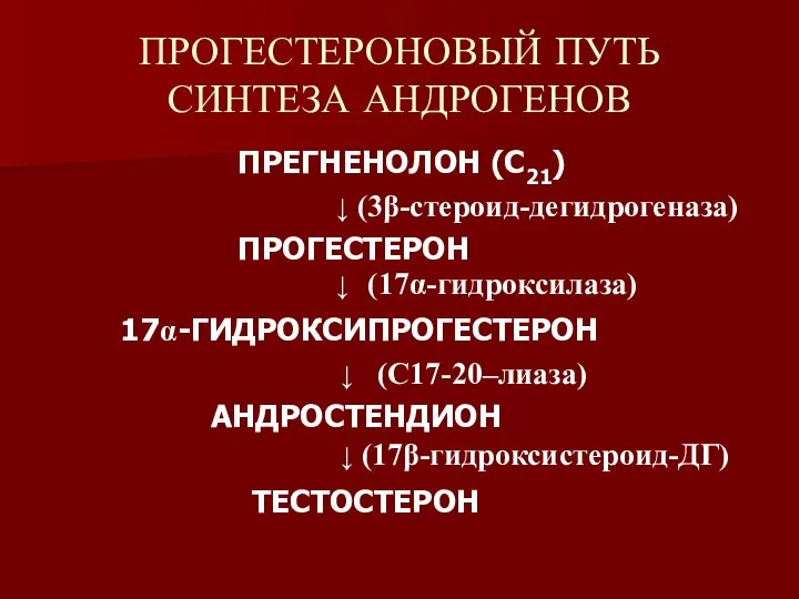 ПРОГЕСТЕРОНОВЫЙ ПУТЬ СИНТЕЗА АНДРОГЕНОВ ПРЕГНЕНОЛОН (С21) ↓ (3β-стероид-дегидрогеназа) ПРОГЕСТЕРОН ↓ (17α-гидроксилаза)