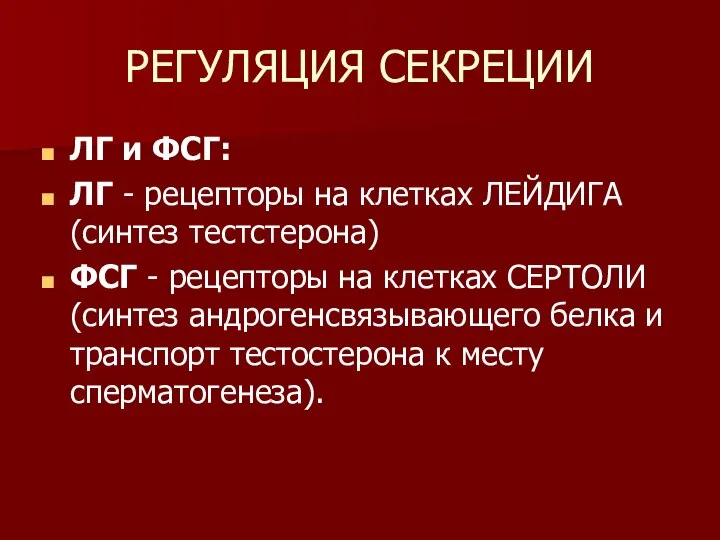 РЕГУЛЯЦИЯ СЕКРЕЦИИ ЛГ и ФСГ: ЛГ - рецепторы на клетках ЛЕЙДИГА