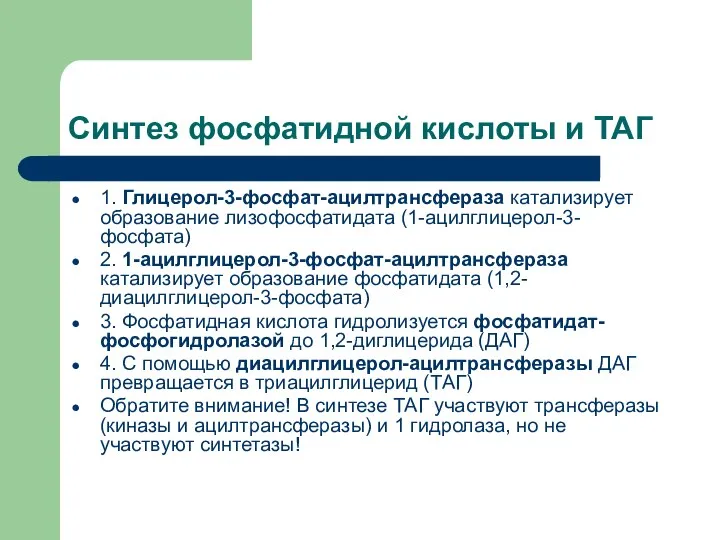 Синтез фосфатидной кислоты и ТАГ 1. Глицерол-3-фосфат-ацилтрансфераза катализирует образование лизофосфатидата (1-ацилглицерол-3-фосфата)