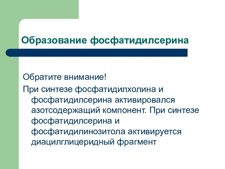 Образование фосфатидилсерина Обратите внимание! При синтезе фосфатидилхолина и фосфатидилсерина активировался азотсодержащий