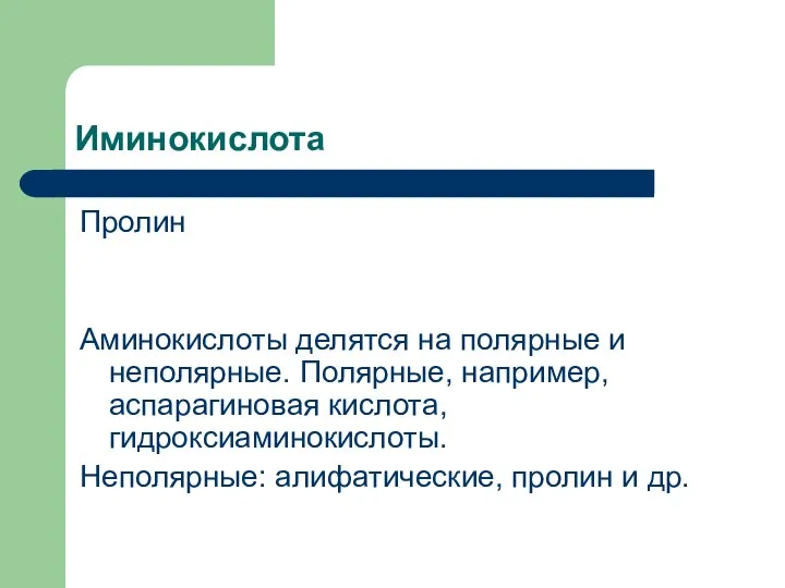 Иминокислота Пролин Аминокислоты делятся на полярные и неполярные. Полярные, например, аспарагиновая