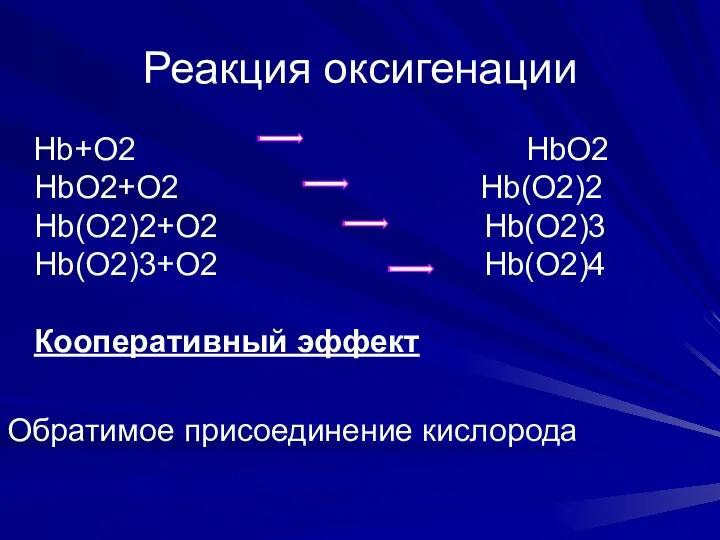 Реакция оксигенации Hb+O2 HbO2 НbO2+O2 Hb(O2)2 Hb(O2)2+O2 Hb(O2)3 Hb(O2)3+O2 Hb(O2)4 Кооперативный эффект Обратимое присоединение кислорода