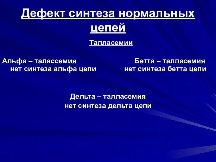 Дефект синтеза нормальных цепей Талласемии Альфа – талассемия Бетта – талласемия