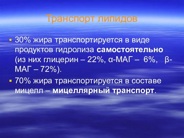 Транспорт липидов 30% жира транспортируется в виде продуктов гидролиза самостоятельно (из