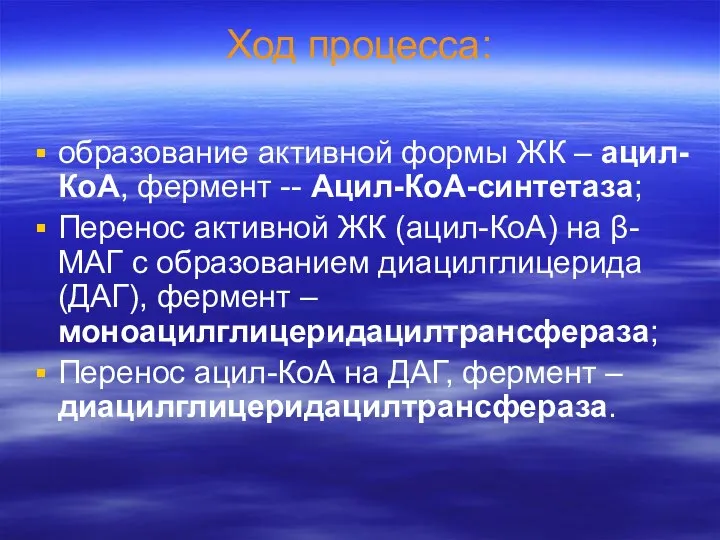 Ход процесса: образование активной формы ЖК – ацил-КоА, фермент -- Ацил-КоА-синтетаза;